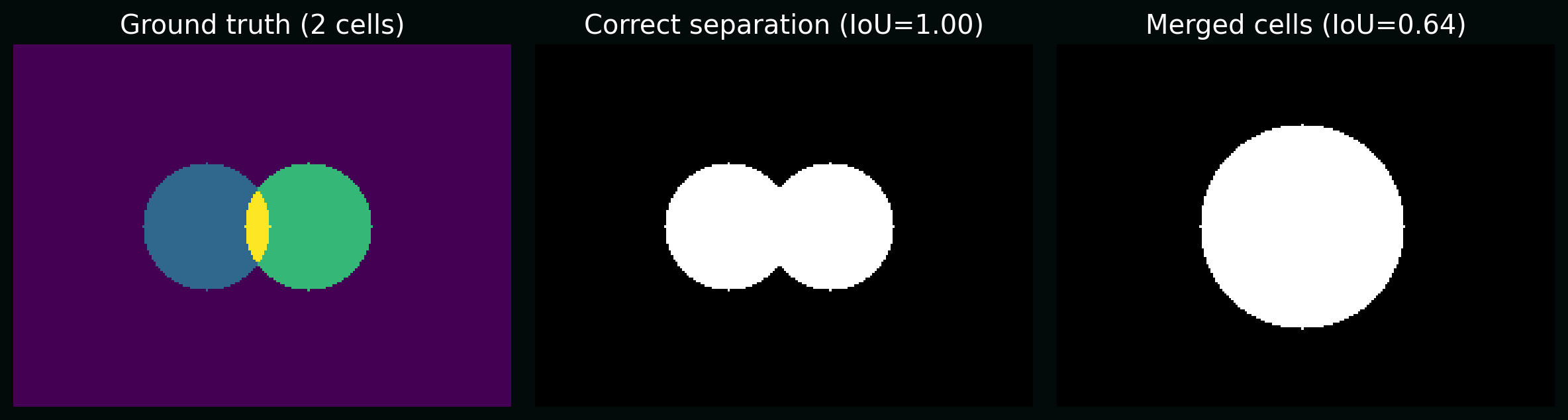 Segmentation failure modes: merge vs correct instance separation