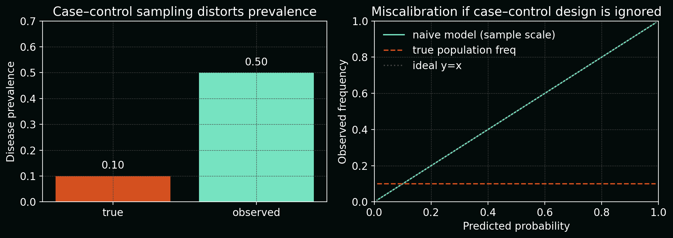 True vs observed prevalence and resulting miscalibration in a case-control design